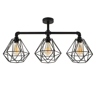 Image of MiniSun Industrial Steampunk Style Satin Black 3 Way Bar Pipework Ceiling Light with Basket Cage Design Metal Shades