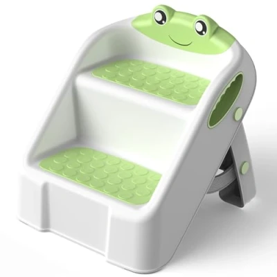 Image of Toddler Step Stool, 2 Toilet Steps for Toddlers with Safety Handles, Foldable Stool Kids Non Slip, Potty Training, Bathroom Sink, Bedroom, Kitchen Counter Green