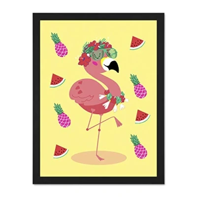 Image of Wee Blue Coo Kawaii Flamingo Party Tropical Large Framed Art Print Wall Poster 18x24 inch