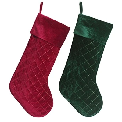 Image of Gireshome Set of 2 pcs Red &amp; Green Velvet stocking Diamond Quilted Embroidery decoration Socks Christmas Xmas Tree Decor Festival Party Ornament 10&quot;x18&quot;