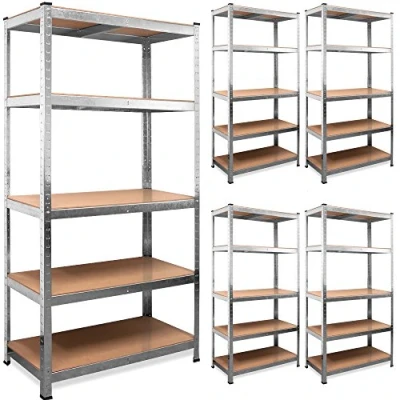 Image of Monzana® 5x Heavy Duty Free Standing Galvanised 5 Shelving Unit 180x90x40cm 875kg Capacity Tier MDF Shelf Panels Boltless Storage Shelves Garage Shed Workshop Store Racking