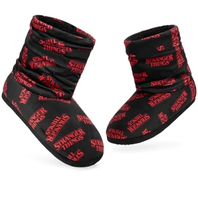 Image of Stranger Things Boot Slippers Women and Teenagers Warm Plush Indoor House Shoes Size 2 7 Non Slip Sole Gifts for Her (Black/Red, 3.5/4 UK)