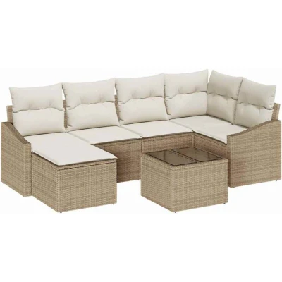 Image of vidaXL 7 Piece Garden Dining Set with Cushions Brown Poly Rattan