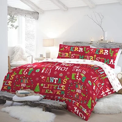 Image of Fusion Christmas Phrases Duvet Cover Single Bedding Size (140 x 200cm) Reversible (2 Designs) 1x Pillowcase Included Snowflakes in Red &amp; White Xmas Decor
