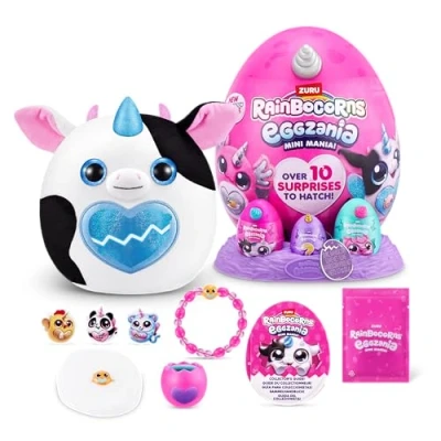Image of Rainbocorns ZURU Eggzania Mini Mania, Cow, by Plush Surprise Unboxing with Animal Soft Toy, Idea for Girls Imaginary Play (Cow)
