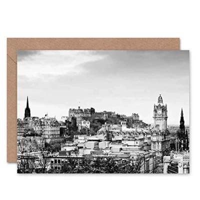 Image of Wee Blue Coo EDINBURGH CASTLE B&amp;W CITY VIEW BLANK GREETINGS BIRTHDAY CARD ART