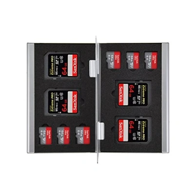 Image of Harrd Shell Water Resistant Multi Use Memory Card Case for SD/SDHC/SDXC/microSD/microSDHC/microSDXC/Pro DUO/Compact Flash Cards (4 x SD &amp; 6 MicroSD Silver Aluminium)