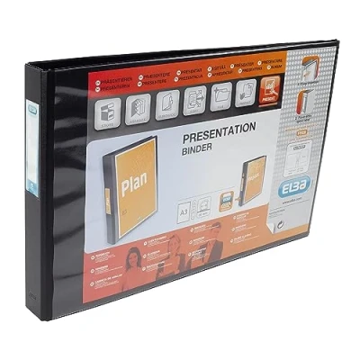 Image of Elba A3 4 D Ring Binder, 30mm capacity, 55mm spine, Presentation Folder with Customisable Cover, Landscape, Black (Single)