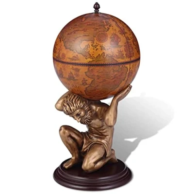 Image of vidaXL Globe Bar Wine Stand with Atlas Design, Old fashioned Map Pattern, Built from Durable MDF and Resin, 42x42x85cm, Perfect for Dining Room Retro Decor Style, Brown