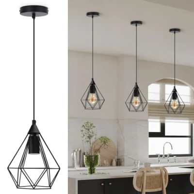 Image of Aigostar Black Pendant Light Fitting with Shade, Cage Light, E27 Metal Wire Basket Pendant, Industrial Ceiling Adjustable Lighting, Hanging Lights for Kitchen