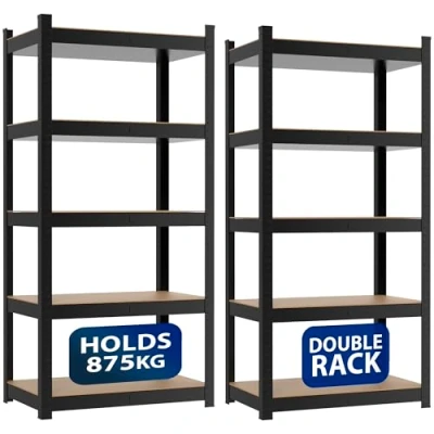 Image of ZENO 5 Tier Garage Shelving Units Set of 2 Heavy Duty For Storage Metal Shelves Easy To Assemble 875KG Load Capacity (Black, Regular)