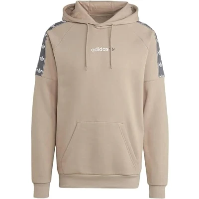 Image of adidas Originals Hoody Mens Taped Hooded Sweatshirt Trefoil Logo Hoodie Khaki HZ9814 New (UK, Alpha, S, Regular, Regular)