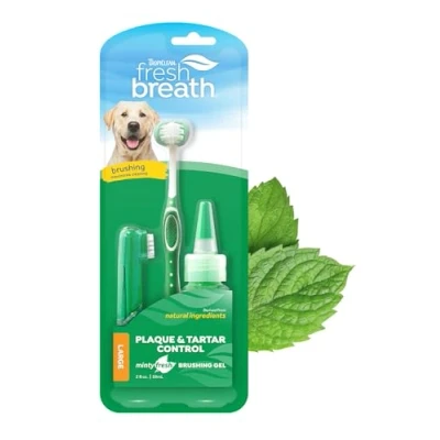 Image of TropiClean Fresh Breath Dog Teeth Cleaning Oral Care Kit Freshener Dental Complete Toothbrush for Large Dogs Helps Remove Plaque &amp; Tartar, Dogs, 59ml