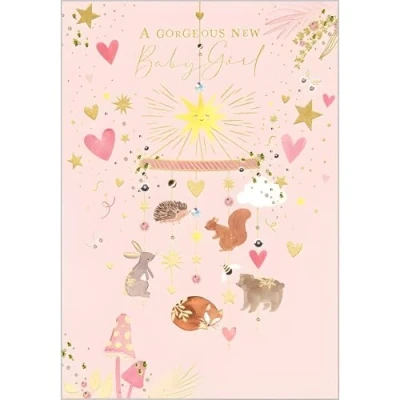 Image of New Baby Girl Congratulations Card Special Finishes and Embellishments Animal Love Heart Design Made in the UK Eco Friendly
