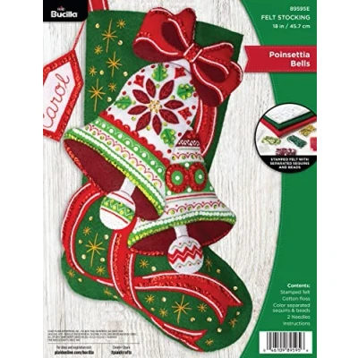 Image of Bucilla, Poinsettia Bells, Felt Applique 18&quot; Stocking Making Kit, Perfect for DIY Arts and Crafts, 89595E