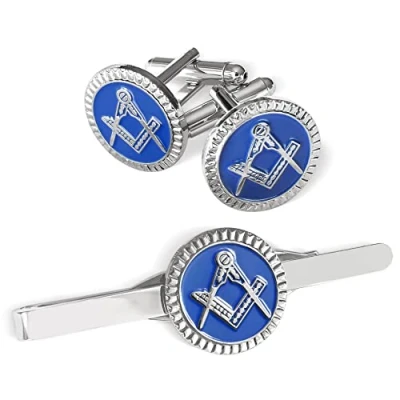 Image of The Masonic Collection Square &amp; Compass Cufflinks and Tieslide Set for Men Blue Silver Plated Comes in Velvet Pouch Quality Freemason Gifts