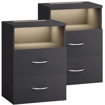 Image of CASARIA® 2x Jamie Bedside Table with Touch LED Lighting Dimmable Light MDF 2 Drawers Suitable for Box Spring Bed Bedroom Living Room Side Cabinet 40x28x55cm Anthracite