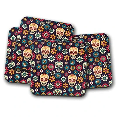 Image of 4 Set Sugar Skulls Coaster Flowers Calavera Mexican Pretty #8780
