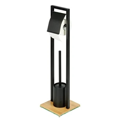 Image of WENKO Bamboo Brush Holder Stand Toilet Set, Steel, Black, 18 x 72,5 cm