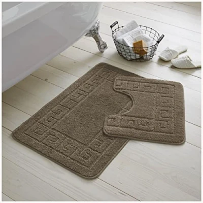 Image of GC GAVENO CAVAILIA Bath Mat Set 2 Piece Non Slip Bathroom Rug Toilet With Pedestal Machine Washable Floor Mocha