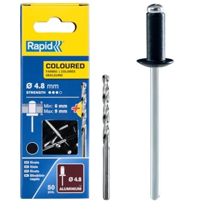 Image of Rapid High Performance Black Aluminium Rivets, Ø4.8 x 12 mm 4mm Rivets for Gutters, Piping, and Sheet Metal Includes Drill 50 Pieces, Carton Boxed (5001471)