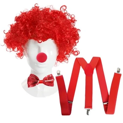 Image of RED NOSE SET AFRO WIG + SPONGE SEQUIN BOWTIE BRACES FANCY DRESS COSTUME OUTFIT ST GEORGES DAY CLOWN