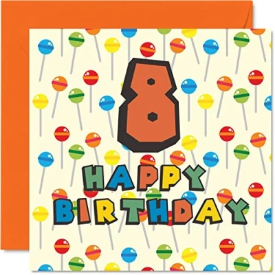 Image of 8th Birthday Card Unisex Lollipop Sweets Candy Happy 8 Year Old Son Daughter Brother Sister Grandson Granddaughter Niece Nephew Cousin, 145mm x Eighth Bday Greeting