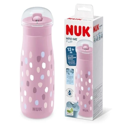 Image of NUK Mini Me Flip Toddler Cup with Straw 12+ Months 450 ml Kids Water Bottle Leak Proof Toughened Spout Shatter Pink Paint Dabs