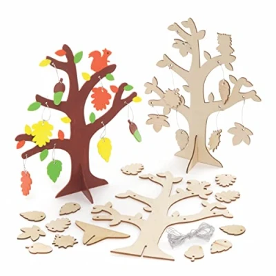 Image of Baker Ross FE649 Wooden Autumn Tree Kits Pack of 2, Wood Crafts to Decorate and Display, Make Your Own for Kids, Ideal Kids Arts Project, Gold,Silver