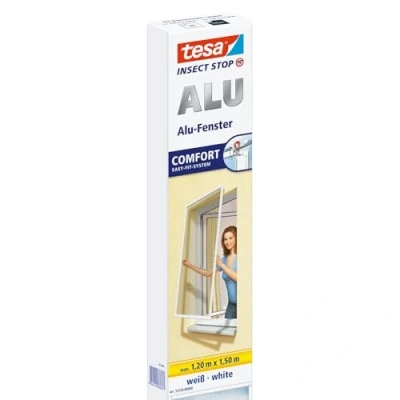 Image of tesa® Insect Stop ALU COMFORT Fly Screen for Windows With Aluminium Frame Net Without Drilling White, 120 cm x 150