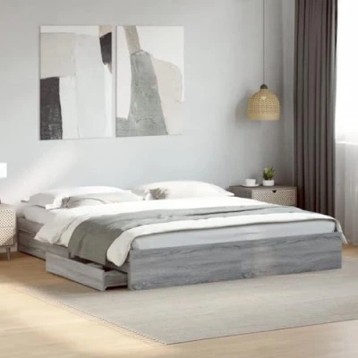 Image of vidaXL Grey Sonoma Super King Bed Frame with Drawers Engineered Wood, Modern Bedroom Furniture, Plywood Slats, Ample Storage