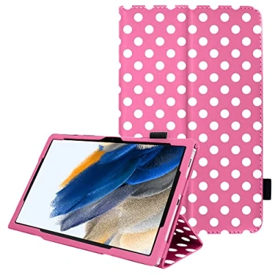 Image of TECHGEAR Leather Case for Samsung Galaxy Tab A8 10.5&quot; (SM X200 / SM X205) Premium PU Slim Folio Stand Smart Cover with Hand Strap, Auto Sleep/Wake [Polka/Pink]
