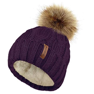 Image of TOSKATOK Ladies Chunky Soft Cable Knit Hat with Cosy Fleece Liner and Detachable Faux Fur Pompom Purple