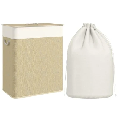 Image of HOMCOM Double Laundry Basket with Lid, 100L Bamboo Hamper Rope Handles, Washing Removable Liner for Bathroom, Bedroom, Cream White
