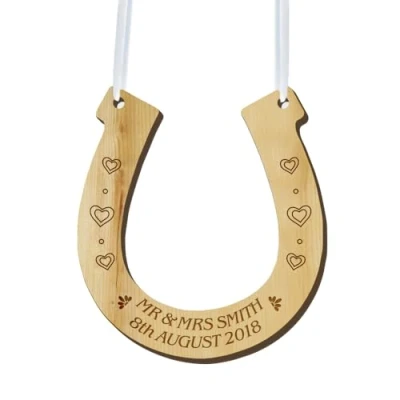 Image of Personalised Wedding Horseshoe Wooden Plaque Mr &amp; Mrs Good Luck Keepsake Wood Anniversary Bridal Gift Cherry Veneered Hand Finished in UK