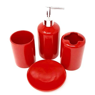 Image of 4 Piece Ceramic Bathroom Accessories Set Red Our Complete Bath Decor Kit Includes Designer Soap or Lotion Dispenser Toothbrush Holder Tumbler Dish