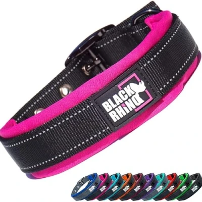 Image of Black Rhino Dog Collar Heavy Duty Adjustable and Reflective Waterproof Wide Collars Soft Neoprene Padded Suitable for All Breeds Ideal Fit Active Dogs Large, Pink