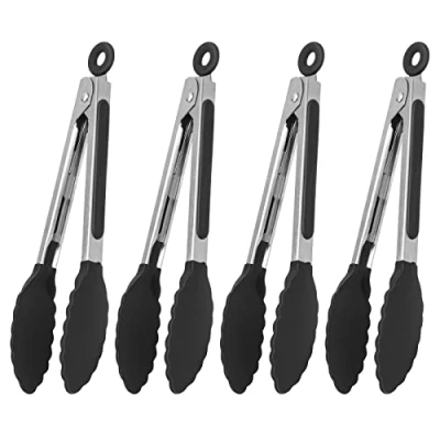 Image of Serving Tongs Kitchen Heat Resistant, Premium Stainless Steel Locking Cooking with Silicone Tips, Non Slip Food for Cooking, Heavy Duty, Stick (18 CM(4 Pack))