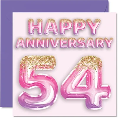 Image of Pretty 54th Anniversary Card for Wife Girlfriend Husband Boyfriend Pink Purple Glitter Balloons Happy 54 Cards from Family, 145mm x Greeting Fifty Fourth Anniversaries