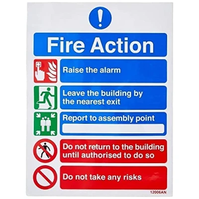 Image of V Safety General Fire Action 5 Message Risks Sign Portrait 150mm x 200mm Self Adhesive Vinyl