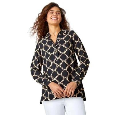 Image of Roman Originals Chain Print Collared Top for Women UK Ladies Everyday Autumn Winter V Neckline Comfy Soft Evening Vacation Work Party Night Out Black Size 10