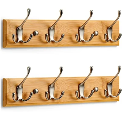 Image of LARHN Wall Mounted Coat Rack (2 Pack) 4 Matt Nickel Triple Hooks for on Stylish Wooden Bamboo Base 42 cm All Fixings Included