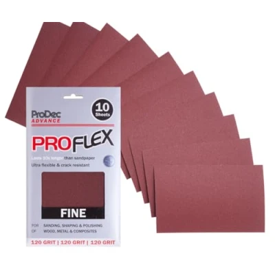 Image of ProDec Advance 10 Sheets Fine Grade 120 Grit Proflex Ultra Flexible Crack Resistant Aluminium Oxide Abrasive Sanding Paper for Wood, Paint, Plaster, Filler, Metal &amp; More, 9&quot; x 4.5&quot;, 230x140mm