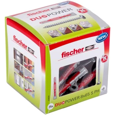 Image of fischer DuoPower 8 x 65 S PH, powerful universal plug with panhead screw, intelligent 2 component technology for fastenings in concrete, bricks, stone, gypsum plasterboard, etc., 25 plugs &amp; screws