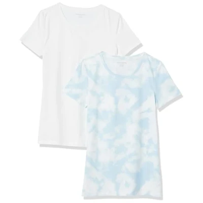 Image of Amazon Essentials Women&#039;s Regular Fit Short Sleeve Crewneck T Shirt, Pack of 2, Blue Tie Dye/White, XS