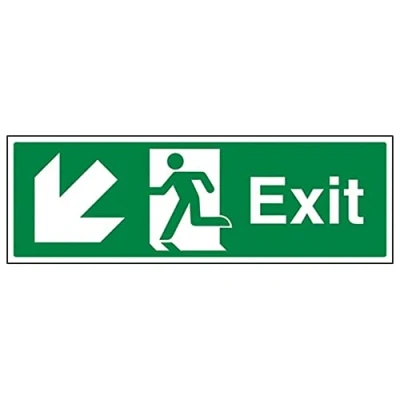 Image of V Safety Safe Condition Exit Arrow Down Left 300 X 100 mm Restickable Sign