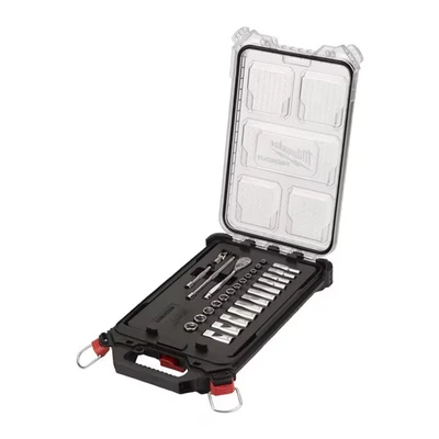 Image of Milwaukee Ratchet and Socket Wrench Insert Set 1/4 Inch Metric 28 Piece in Packout Compact Organiser Slim