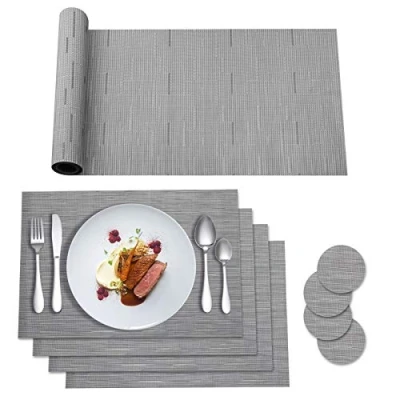 Image of HPMAISON Placemats, 9 Pcs Grey Table Mats Set, 4 Placemats + Coasters 1 Long Mat Resistant Anti Slip Place and Coaster Sets for Home Restaurant