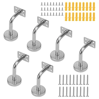 Image of ZEONHAK 6 PCS Silver Handrail Brackets, 60 x 80mm Stainless Steel Bannister Fixing Brackets with Screws &amp; Expansion Tubes for Stair