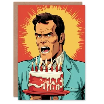Image of Artery8 Birthday Greeting Card Funny Angry Comic Man Cake For Him Her